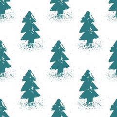 shabby hand drawn fir-trees and snow on white background. seamless paint winter pattern with spruce.