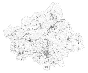 Satellite map of province of Treviso, towns and roads, buildings and connecting roads of surrounding areas. Veneto, Italy. Map roads, ring roads