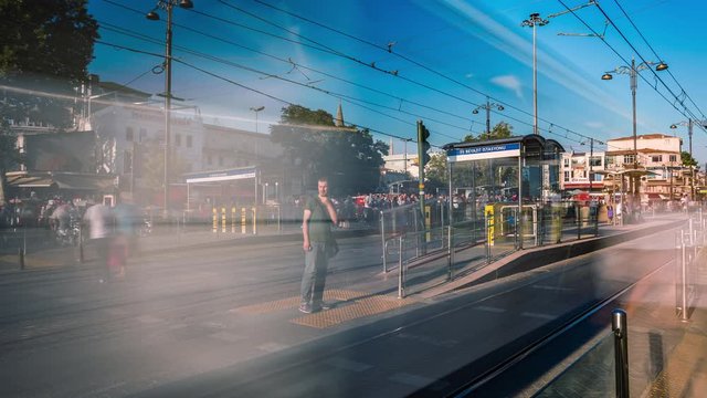 Busy intersection at Beyazit tramway station, Istanbul, Turkey time lapse