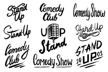  Lettering Stand Up. Calligraphic text comedy show. Engraved hand drawn in old vintage sketch for poster, web badges, labels, emblem or logo. Isolated on white background. Vector illustration. 
