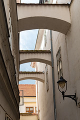 Fototapeta na wymiar Interesting architecture of old historic narrow street of Znojmo, Czech Republic, Europe