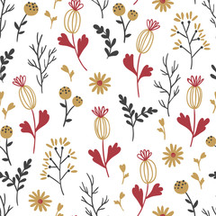 Floral ditsy vector seamless pattern. Texture design with small flowers, leaves and branches in graphic style with red, yellow and black colors on a white background. Perfect fot textile
