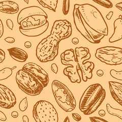 Nuts seamless pattern. Seeds and granule, corn and grain. Hazelnut, Walnut, Almonds. Food concept. Top view background. Vintage poster. Engraved hand drawn sketch in Monochrome style.