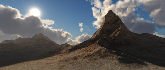 Beautiful rock against the sky with clouds, stone desert. 3d rendering.