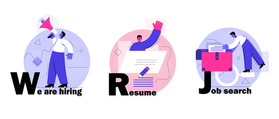 Man speaks in a megaphone, person waves his hand and fills the resume, man searching paper in a briefcase. Hiring process concept. Abstract flat vector illustration