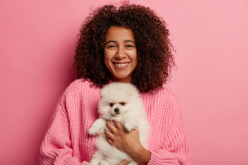 Positive African American woman poses with fluffy spitz on hands, petting dog, has glad expression...
