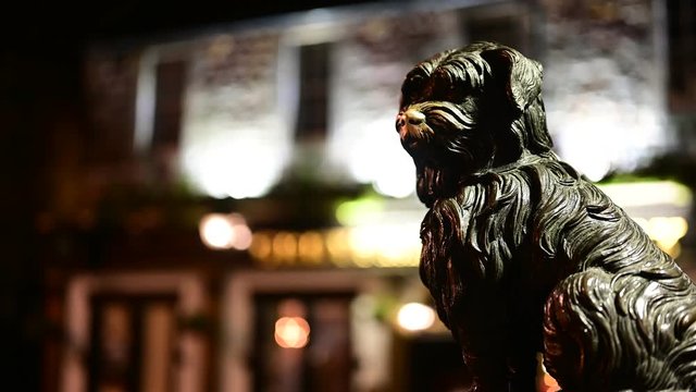 Hand rubbing or touching nose of the famous Greyfriars Bobby dog statue for luck - a popular tourist attraction and a tradition in Edinburgh, Scotland