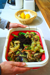 Composting a pile of rotting vegetables and peelings in an ecological bin. Recycling concept for the garden environment. Used coffee filter recover with banana peel. Marbled white worktop in kitchen. 