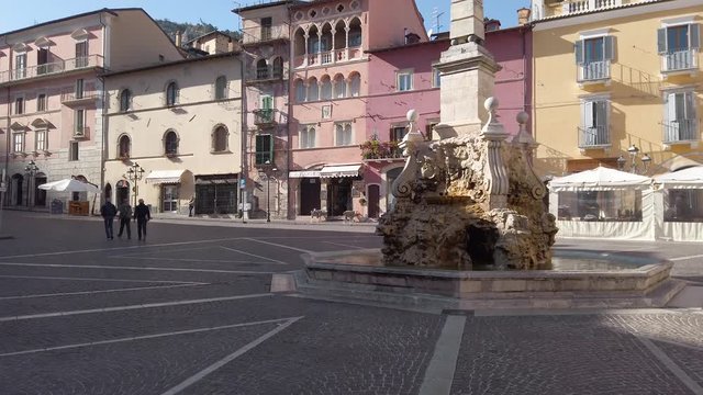 The colorful main square of Tagliacozzo on an autumn afternoon, province of L'Aquila, Abruzzo, central Italy.