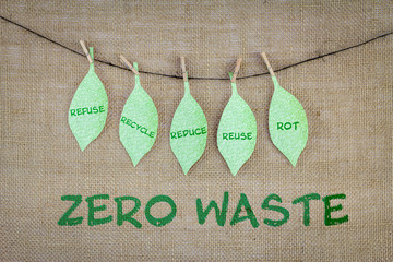 Zero Waste 5 Rs, refuse, reduce, reuse, recycle, rot on handmade recycled paper leaves on hemp...