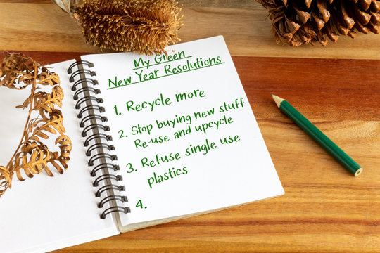 My Green New Years Resolutions Heading With Environmentally Friendly Resolutions Written In Journal. New Year Environmental Aspirations Concept.