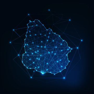 Uruguay map outline with stars and lines abstract framework. Communication, connection concept.