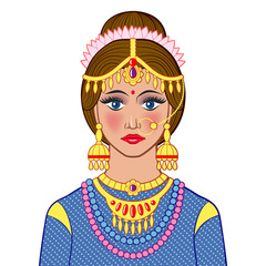 Beautiful Indian woman in traditional outfit. Colored vector illustration, isolated on white background