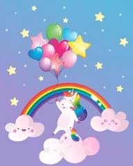 Foto op Plexiglas Cute magical rainbow unicorn with balloons, rainbow, clouds and stars. Cartoon vector print for kids © Elena