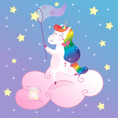 Fototapeta na wymiar Cute magical rainbow unicorn on cloud with net catching stars. Cartoon vector decoration print for kids