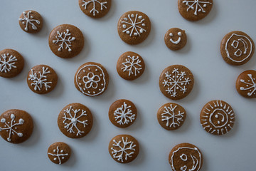 Christmas gingerbread decorated with lemon glaze, christmas cookies.  Decorated gingerbread on white background. Czech Republic