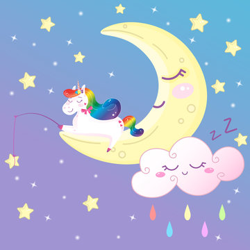 Cute magical rainbow unicorn on the moon catching stars. Cartoon vector print for kids