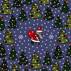 Christmas vector drawing with Santa Claus in the spruce forest. Blue background with snow. For cristmas cards.