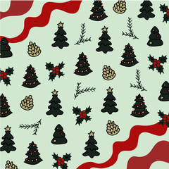 Christmas grey background in doodle style with  ribbons, Christmas trees, cones, branches and holly. For decorations or gift paper.