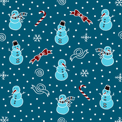 Christmas blue background in doodle style with  snowmen, bows, ribbons, snowflakes  and candy. For decorations or gift paper.