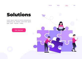 Fototapeta na wymiar Finding solution, problem solving. Teamwork and partnership. Working team collaboration, enterprise cooperation, colleagues mutual assistance concept. Website homepage header landing web page template