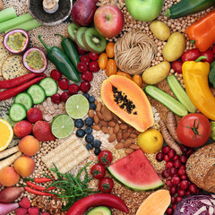 Healthy food for vegans with foods high in protein, vitamins, minerals, anthocyanins,  antioxidants, fibre, omega 3 & smart carbs. Ethical eating for a healthy planet concept. Flat lay, top view.