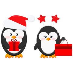 Cute christmas penguin boy and girl couple with x-mas gifts set isolated on white background