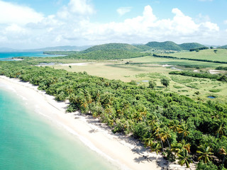 Aerial view of turquoise caribbean sea and white sand beach