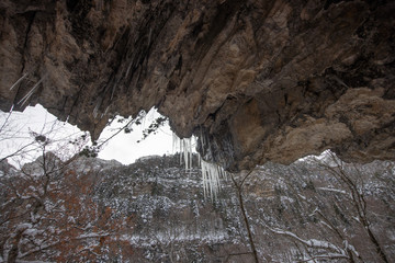 Ordesa National Valley in snowy autumn, located in Pyrenees Spain