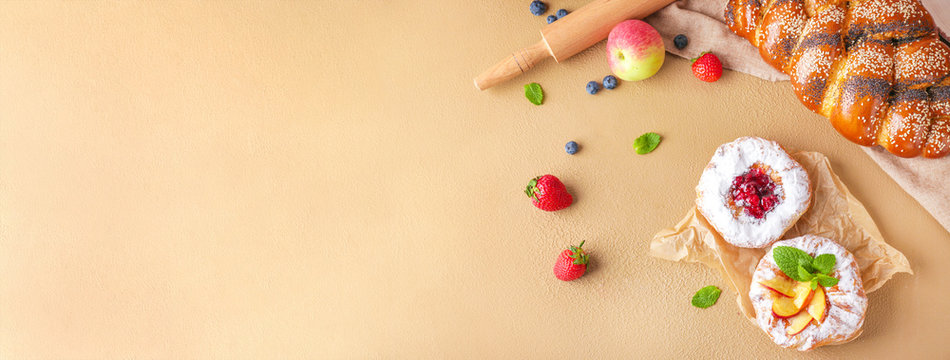 Sweet Pastry With Fruits On Color Background