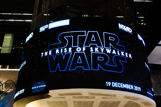 Bangkok, Thailand - Nov 30, 2019: Star Wars The Rise of Skywalker movies logo advertising on LED display screen in cinema theatre. Movie advertisement or film entertainment industry concept