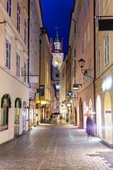 Fototapeta premium Salzburg Street at Night, historic centre of Salzburg in Austria,