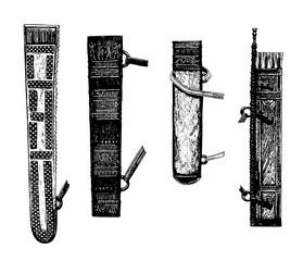 Ancient quiver illustration. Ancient weapons from the Bronze Age. Set of four quivers.