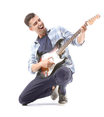 Obraz premium Handsome emotional man playing guitar on white background
