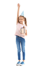 Little girl with Birthday gift on white background