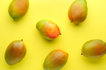 Sweet ripe mangoes on color background