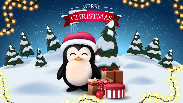 Merry Christmas, postcard with cartoon night winter landscape and penguin in Santa Claus hat with presents