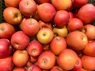 Many beautiful fresh juicy red apples in a box in a supermarket as a background