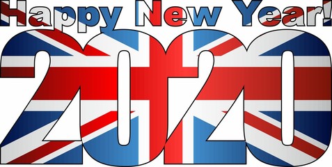 Fototapeta na wymiar Happy New Year 2020 with United Kingdom flag inside - Illustration, 2020 HAPPY NEW YEAR NUMERALS, 2020 Great Britain Flag Numbers