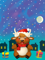 Fototapeta premium Christmas happy scene with santa claus deer or reindeer - illustration for children