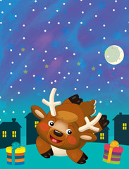 Fototapeta premium Christmas happy scene with santa claus deer or reindeer - illustration for children