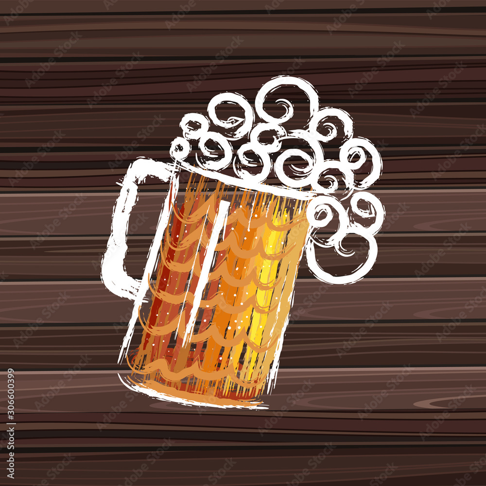 Wall mural beer fest banner. poster with mug of beer, and dark wood on background. vector illustration. bavaria