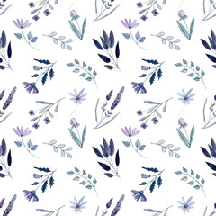 Watercolor seamless pattern with dusty blue meadowflowers. Ideal for textile, gift wrapping paper, apparel, home decor