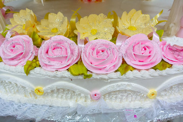 Mexico city/ Mexico-january 12th 2019: Details of White wedding cakes with pink roses and yellow flowers