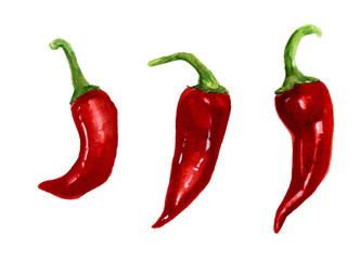three red chili peppers, watercolor painting