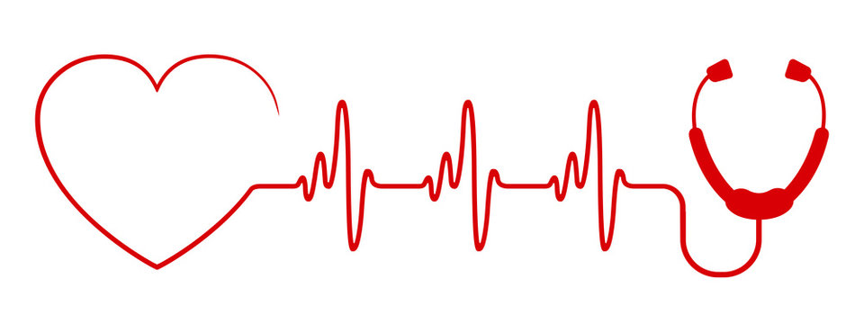 Red heart with stethoscope, pulse one line, cardiogram sign, heartbeat - stock vector