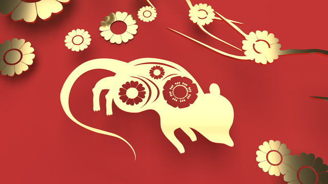  mouse and flower gold plate on red background 3d rendering for Chinese new year content.
