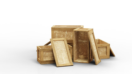 Five wood transport box on the floor with three was opened