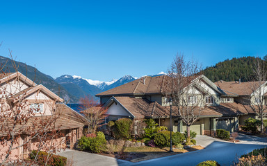 Houses in suburb with Spring Blossom in the north America. Luxury houses with nice white and pink coloured landscape.