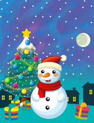 Christmas happy scene with snowman and christmas tree - illustration for the children